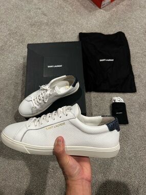 Saint Laurent White Leather Low-Top Sneakers with Navy Heel Tab